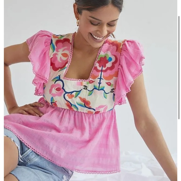 Plenty by Tracy Reese Tops - Plenty by Tracy Reese Anthropologie Pink Embroidered Babydoll Ruffle Top.